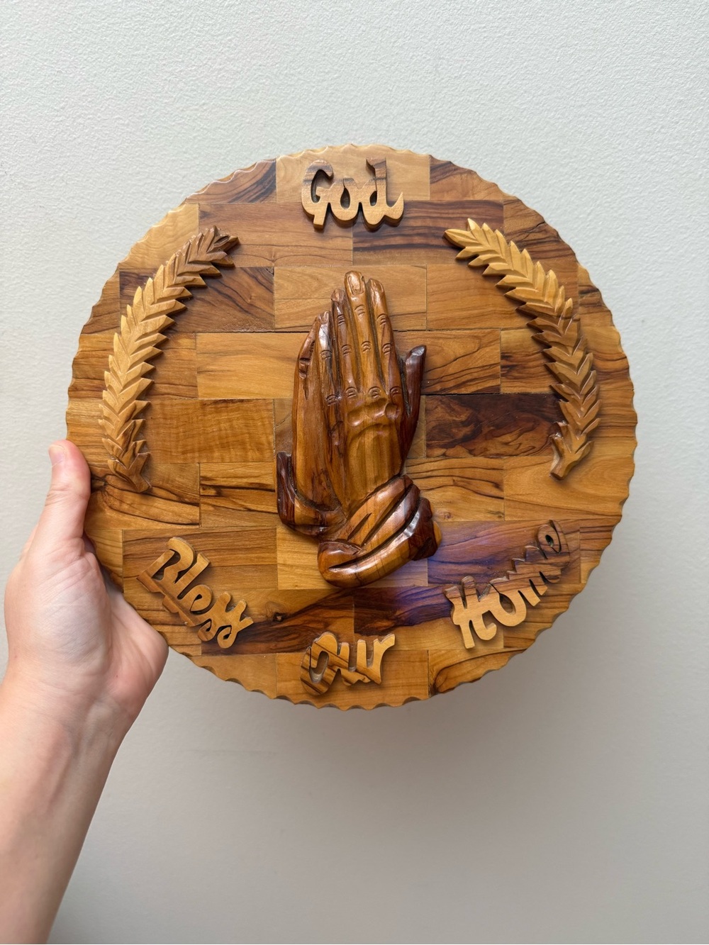 Olive Wood - bought in Israel - Carved Praying Hands Wall Plaque - Natural Brown